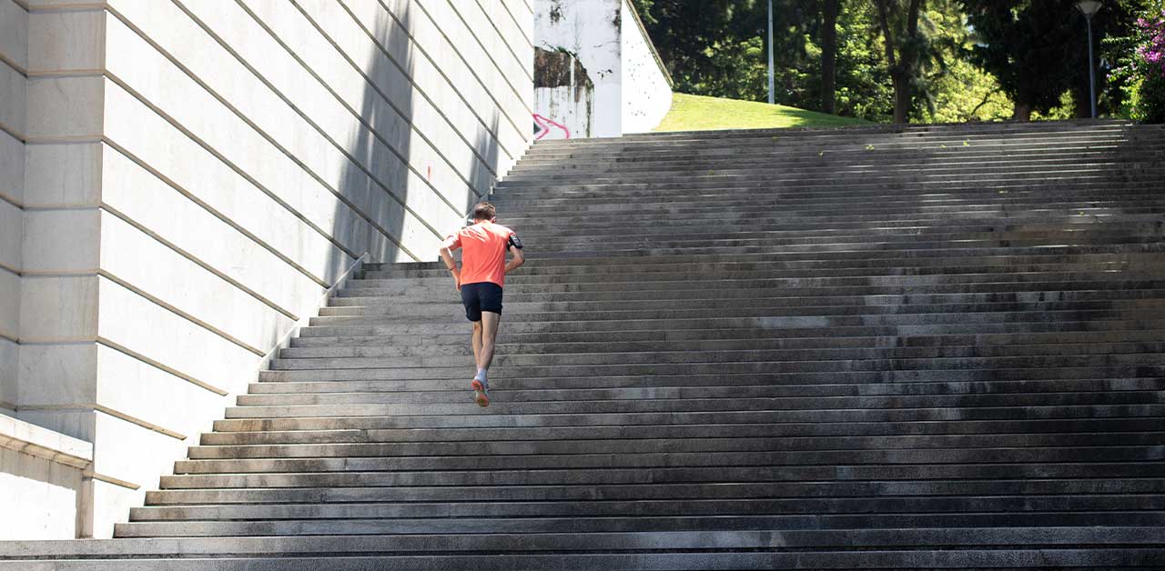 Man running up the stairs