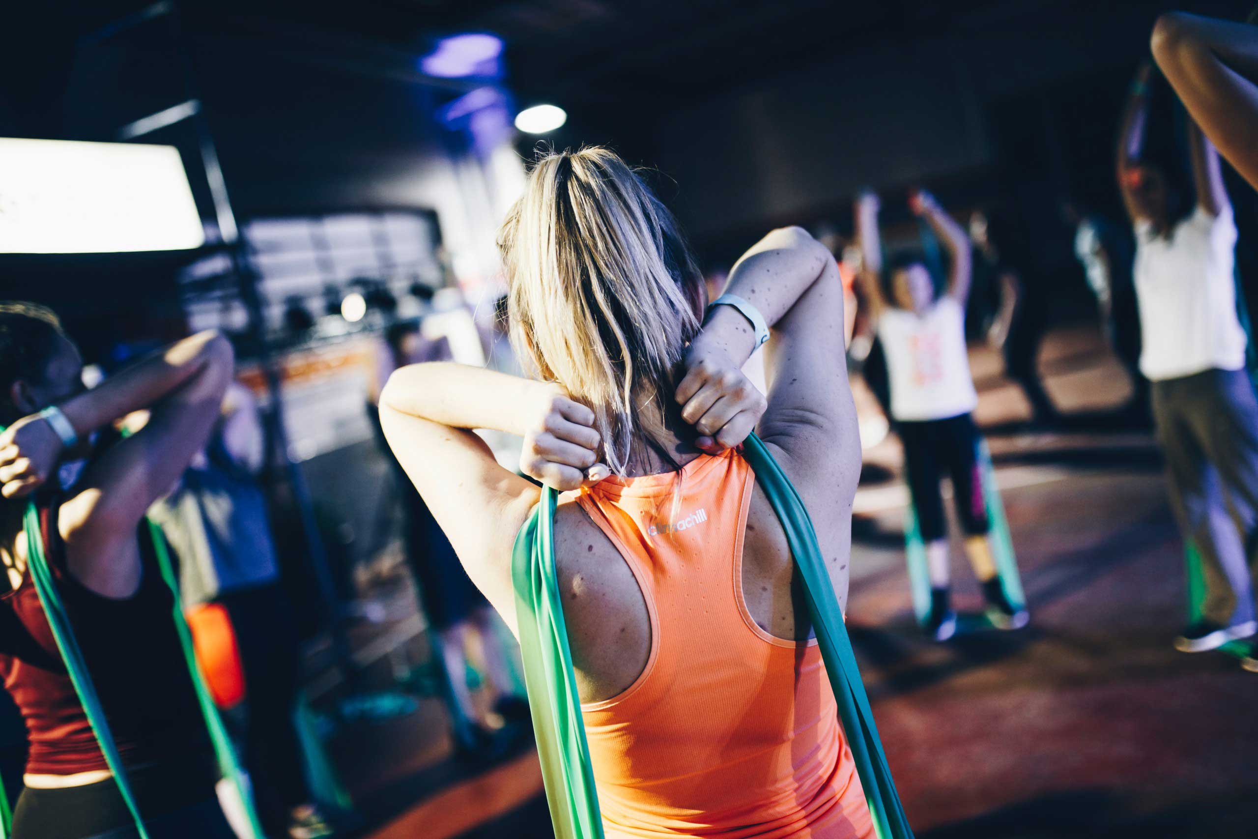 Women stretching with resistance bands